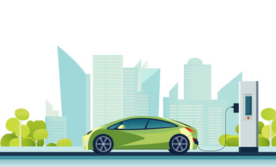 Electric EV car charging battery on the city. Concept of protecting the environment, loving the earth, Save for the world. Ready to apply to your design. Vector illustration.
