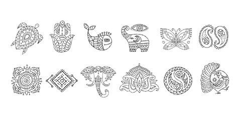 Indian vintage ornament for your design. Esoteric and animals, design elements, Icons set for your design - 641368181