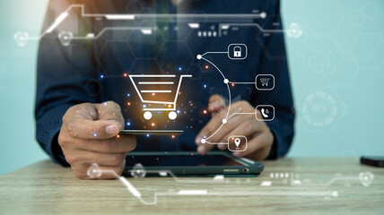 Virtual screen shopping icons online. The concept of a computer, smart phone, credit card, and...