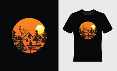 Vector vintage hand drawn mountains t shirt design with trees and rising sun.