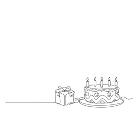 Obraz premium Continuous one line drawing of birthday cake with gift box. Party, anniversary and celebration concept. Minimalism Hand drawn vector illustration.