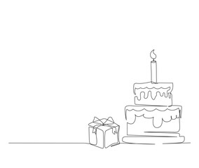 Continuous one line drawing of birthday cake with gift box. Party, anniversary and celebration concept. Minimalism Hand drawn vector illustration.