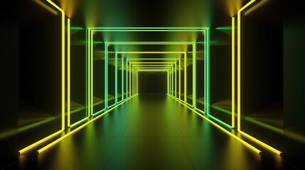 Long hallway with green lights and black background. Suitable for Halloween, horror, thriller, suspense, or mysterious themed designs.