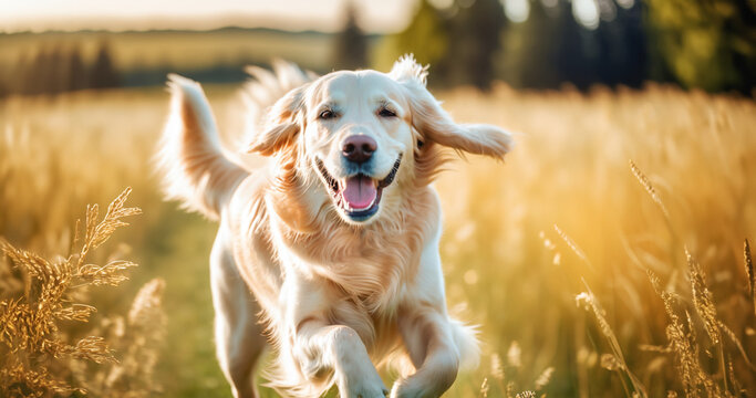  immagine primo piano di cane golden retriever che corre felice in un campo, prato con fiori