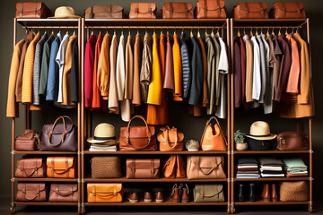 Walk-in closet in beige color, clothes storage organization.Generative AI