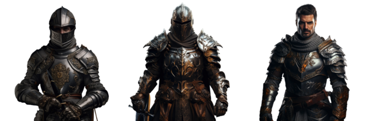 A solitary knight in armor wielding sword against transparent background