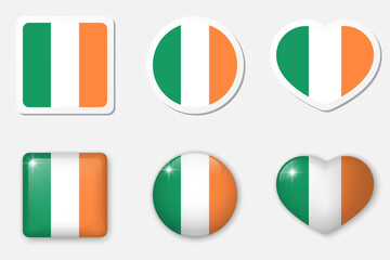 Flag of Ireland icons collection. Flat stickers and 3d realistic glass vector elements on white background with shadow underneath.