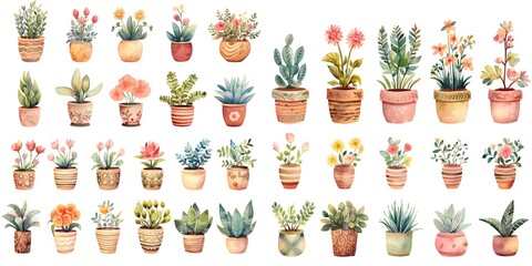 watercolor painting style illustration of cute boho flower pot plants collection set, Generative Ai - obrazy, fototapety, plakaty