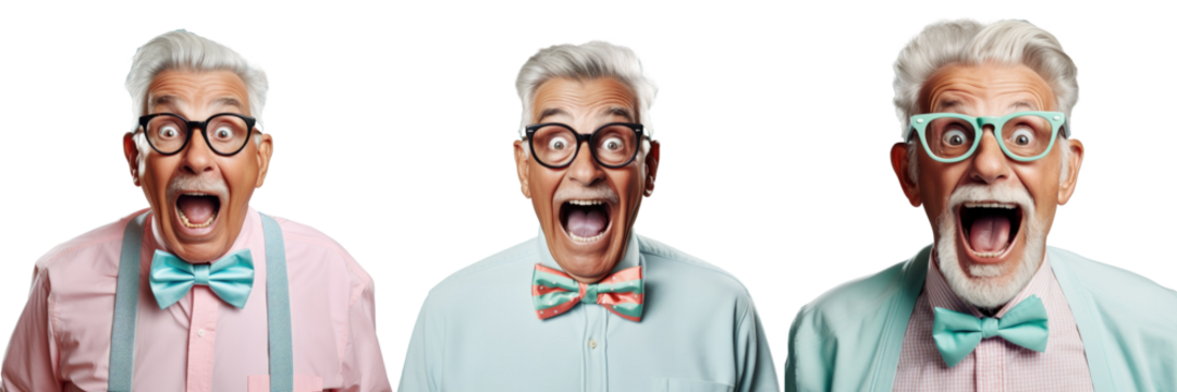 Attractive grandpa listening with excitement wearing glasses and a bow tie on a transparent background - Powered by Adobe