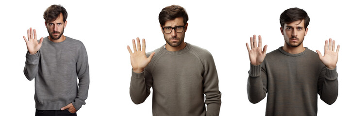 Fototapeta premium Young man in casual sweater refusing and disgusted showing refusal with hands Stop and forbidden
