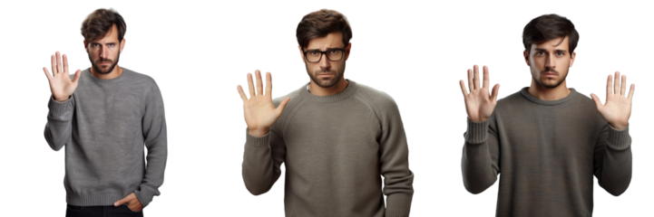 Young man in casual sweater refusing and disgusted showing refusal with hands Stop and forbidden