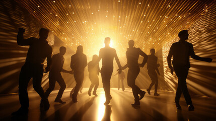 Silhouette of a group of joyous excited men dancing in luxury trendy club for an afterwork party...