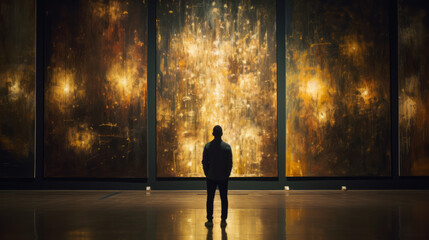Man in front of a huge impressive modern art painting with yellow and golden colors in an art gallery - obrazy, fototapety, plakaty