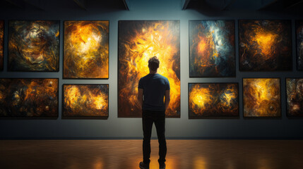 Man in front of a huge impressive modern art painting with yellow and golden colors in an art gallery - obrazy, fototapety, plakaty
