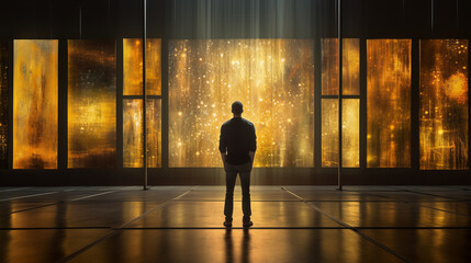 Man in front of a huge impressive modern art painting with yellow and golden colors in an art...