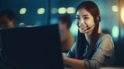 Call center asian woman smiled working and providing service with courtesy and attention front of her computer