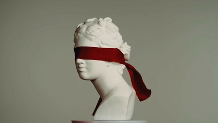 Closeup shot. Ancient marble bust statue of roman era woman blindfolded. Isolated on grey...