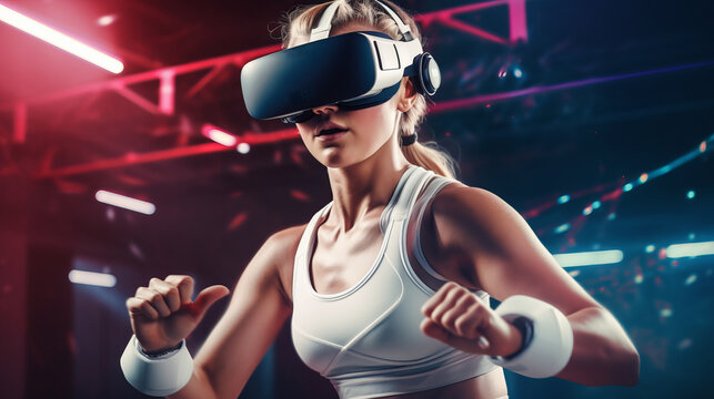 Young blonde woman in white sports outfit doing gym training with VR headset or boxing lesson in virtual reality