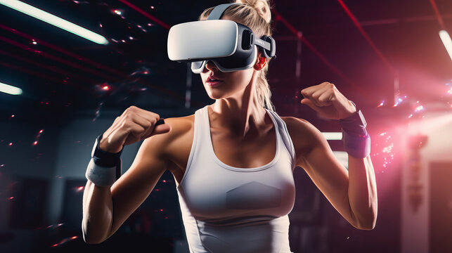 Young blonde woman in white sports outfit doing gym training with VR headset or boxing lesson in virtual reality