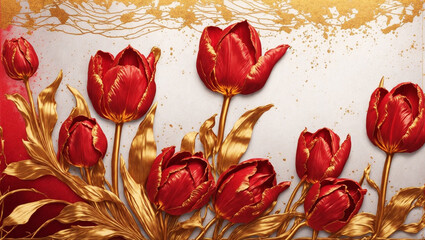 a painting of red tulips on a gold background