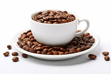 Fototapeta premium White mug of coffee beans on white background. Generative AI