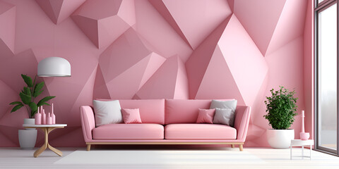 A pink pastel colored sofa in a pink walls living room mock up  .  Chic Pink Pastel Living Room Mockup