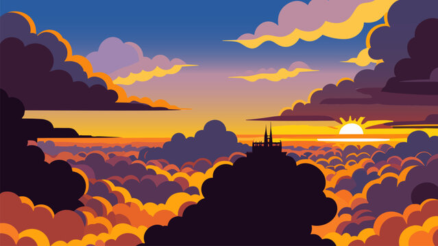 Painting of a sunset over a large body of water with clouds in the background and a tower in the foreground, disney, sky, vector art, space art. Cartoon anime background.