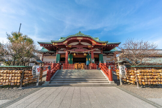 Tokyo, Japan - March 18, 2019 : Honden (Main Hall) of Kameido Tenjin-sha Shinto Shrine. Built in 1646 in honor of Sugawara no Michizane