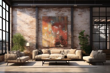Industrial-Chic Interior, Exposed Brick and Artistic Flair Created with Generative AI