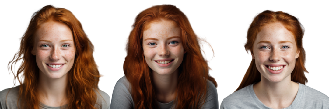 Photograph of cheerful redheaded girl with freckles grinning gazing towards camera transparent background - Powered by Adobe