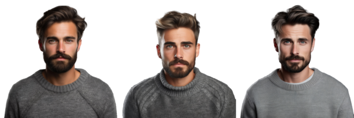 Studio portrait of a serious young man with a trendy hairdo and facial hair wearing a casual grey sweater listening attentively to someone against a transparent background