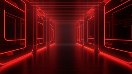 Long hallway with red neon lights is suitable for urban street scenes, nightlife, cyberpunk concepts, or futuristic interior designs.