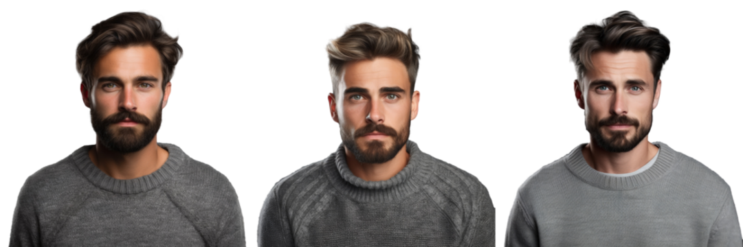 Studio portrait of a serious young man with a trendy hairdo and facial hair wearing a casual grey sweater listening attentively to someone against a transparent background