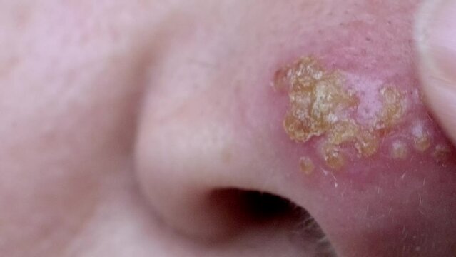 part of female face close-up, herpes on tip of nose, harbinger of dangerous disease damage to skin and nervous system, concept Preventing and managing herpes in women, immune system, HSV-1