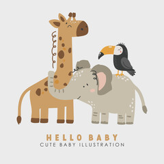 Safari animals vector, Abstract baby animals vector, safari baby animals, cute animals isolated, adorable toucan, giraffe and elephant for print