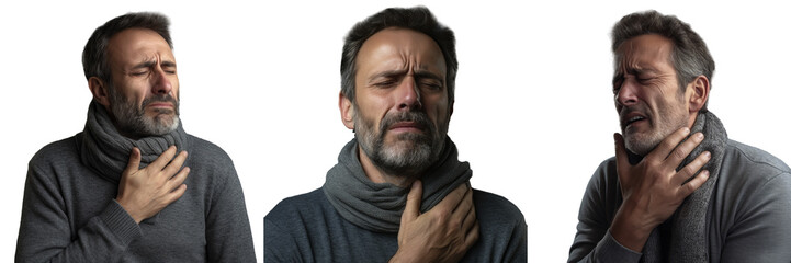 Obraz premium Unhappy middle aged man holding his throat due to throat pain depicted on transparent background