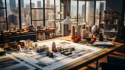 A table in a office with a architecture sketch from modern family house.