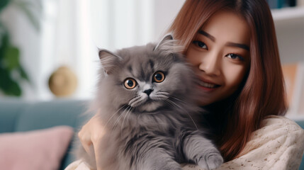 Happy young asian woman hugging cute grey persian cat on couch in living room at home, Adorable domestic pet concept. - obrazy, fototapety, plakaty