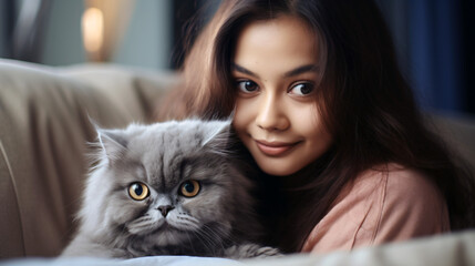 Happy young asian woman hugging cute grey persian cat on couch in living room at home, Adorable domestic pet concept. - obrazy, fototapety, plakaty