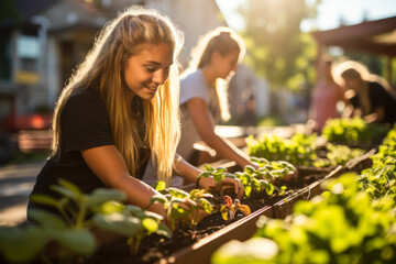 Teen girls at a community garden, planting and gardening together