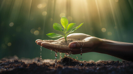 Hands Planting A Seedling Into The Ground. Drop Of Water. Plant Growing, Green Vision Of Life, Ecological. Generative AI - obrazy, fototapety, plakaty