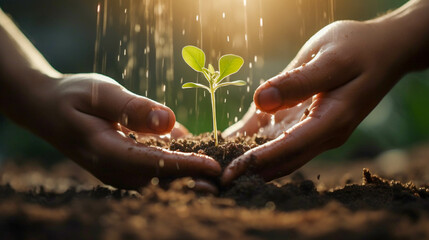 Hands Planting A Seedling Into The Ground. Reflecting Growth and Environmental Love. Generative AI