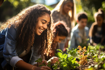 Teen girls at a community garden, planting and gardening together