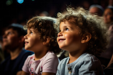 Side view of a children audience enjoying a kids concert or movie with happy smiling faces