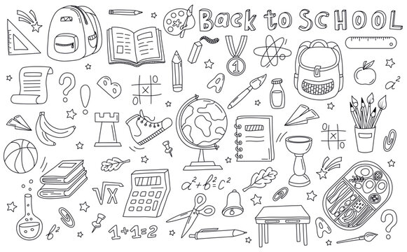 Hand drawn School object collection. Back to School concept. School supplies, doodle. Sketch icon set. Good for wrapping paper, stationery, scrapbooking, wallpaper, textile prints. Vector illustration