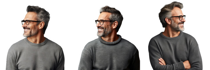 Handsome middle aged man in casual attire and glasses observing to the side with a relaxed and confident smile against a transparent background