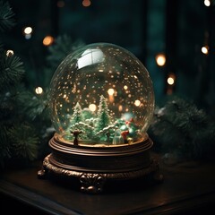 Fototapeta na wymiar Christmas glass ball with fir trees and snow on a dark background with fir tree branches.
