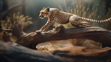 Illustration of a cheetah stalking its prey with its flock - obrazy, fototapety, plakaty