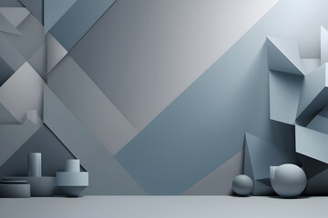 Original widescreen background image in minimalistic design with geometric shapes of light and shadow for presentation of various products in grey-blue tones. Generative AI