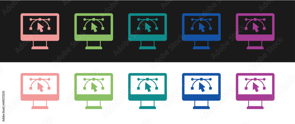 Poster Set Computer display with vector design program icon isolated on isolated on black and white background. Photo editor software with user interface. Vector